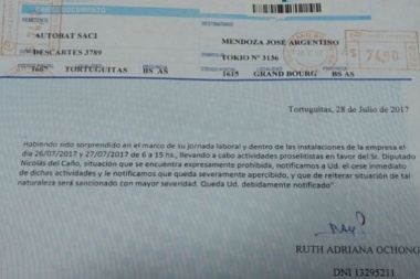 Sancionan a un trabajador de una fábrica de Tortuguitas por hacer campaña