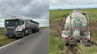 Dos camiones se rozaron bajo la lluvia y uno terminó despistando