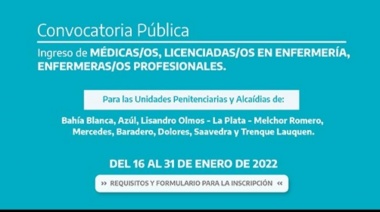 Convocan a médicos, psicólogos y enfermeros para incorporarse al Servicio Penitenciario