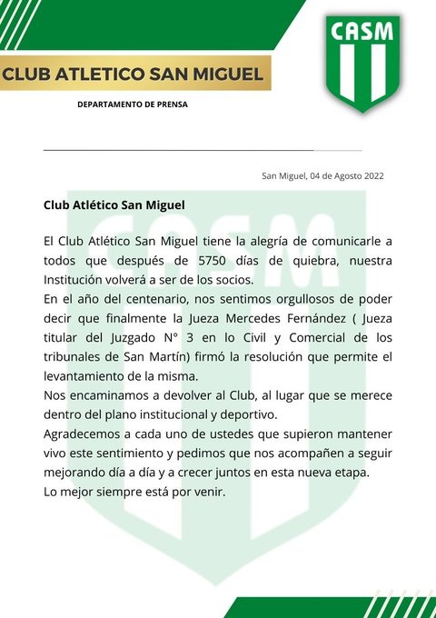 La justicia levantó la quiebra del Club Atlético San Miguel - UNGS