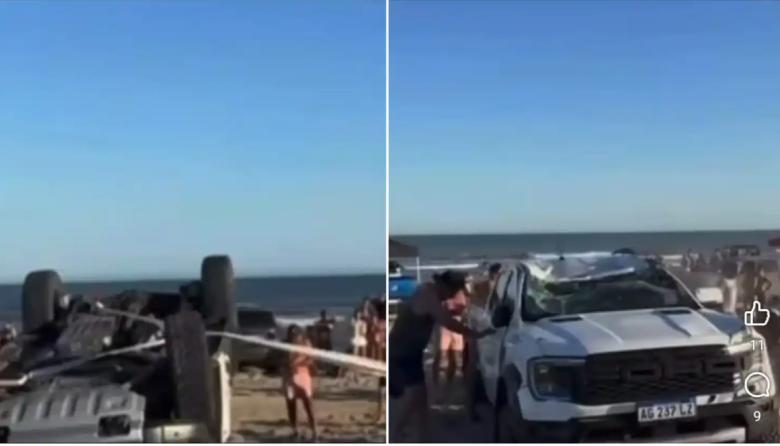 Pinamar: Una camioneta volcó en la playa y desató bronca por el riesgo a turistas