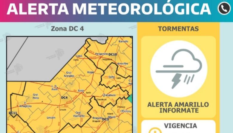Alerta amarilla en Junín por tormentas fuertes, ráfagas de viento y caída de granizo